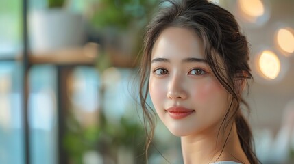 Fototapeta premium Close-up of a Japanese skincare model applying moisturizer, in a sleek modern Japanese interior, gentle natural light, calm expression, hd quality, natural look, minimalist decor,