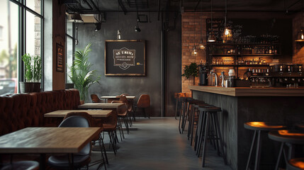 interior design of dark cafe,empty cafe with rustic concrete wall pub