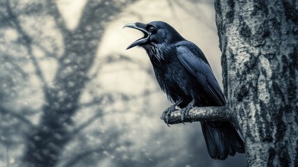 Raven Perched on a Branch in a Bleak Forest
