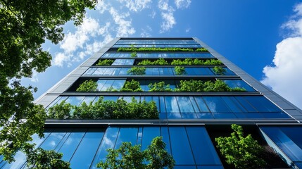An environmentally sustainable corporate building is characterized by its green facade that incorporates wind turbine technology.