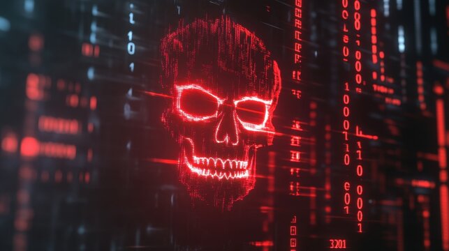 Alert screen showing a red skull symbol flashing, with glitchy interference and binary code in the background.
