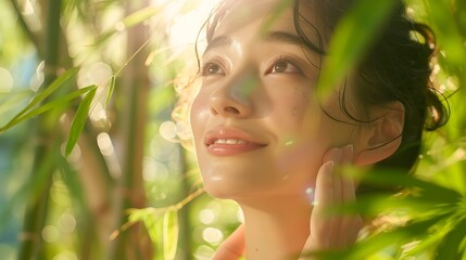 Fototapeta premium Close-up of a Japanese skincare model in a bamboo grove, applying natural lotion, soft light filtering through bamboo, calm and serene expression, hd quality, natural look, vibrant greenery,