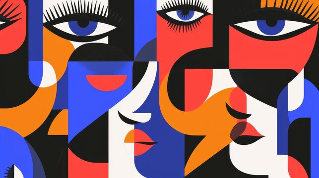 A pattern of abstract faces in a cubist style, with geometric shapes and bold, contrasting colors