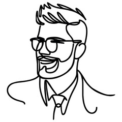 One line drawing of a portrait of a person. Minimal silhouette of a man's face in glasses. Vector illustration.