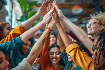 A group of women are high fiving each other in a circle
