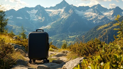 A suitcase on a mountain trail, with towering peaks in the background, embodying the spirit of exploration and wanderlust