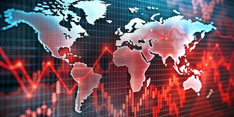 Global Economic Downturn A World Map with Red Lines and Charts Showing a Decline in Global Market Values