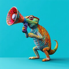 Chameleon holding megaphone. Promotion, action, holiday, ad, job questions. Vacancy. Business discount concept, communication, information, news, team media