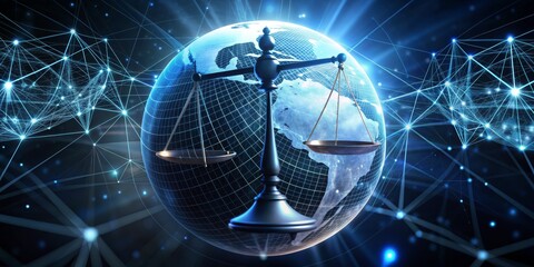 Global Justice A 3D Render of Scales Over a Digital Earth with a Network of Connections