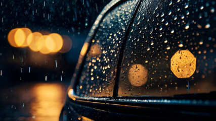 Raindrops on a car window with blurred city lights in the background, creating a moody atmosphere