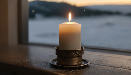A lit candle on a windowsill, with a peaceful snowy landscape visible through the window.