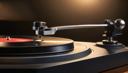 Close-up of a vinyl record player, with the needle on the record, evoking a vintage vibe