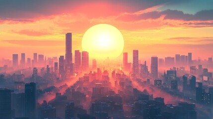 Futuristic Cityscape with Sunrise