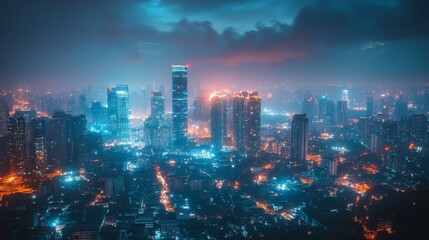 Obraz premium Night Cityscape with Skyscrapers Illuminated
