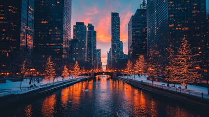 Cityscape at Sunset with Holiday Lights