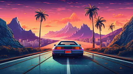 Car ride on the morning road in 80s retro synthwave or 00s vaporwave style.