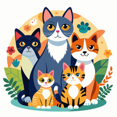 Fototapeta premium Four Cute Cats Surrounded by Colorful Flowers and Leaves