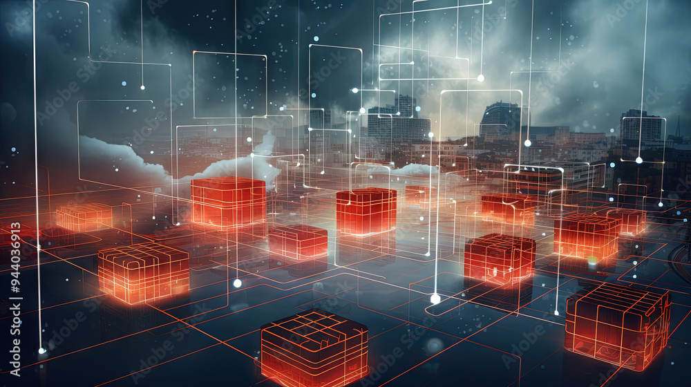 Poster Concept of a digital city with cloud connections. Futuristic network in the clouds.