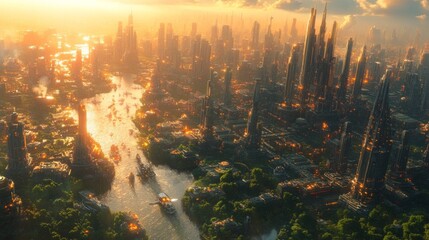 Futuristic city skyline at sunset