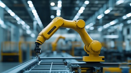 Automated robotic arm operates in a smart factory, utilizing technology to blur its background. The arm is programmed to plan and design products efficiently, enhancing logistic operations. 