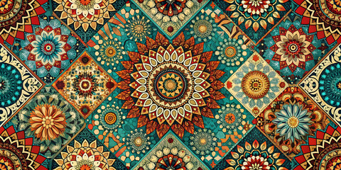 Kaleidoscopic Tapestry: A symphony of vibrant colors and intricate floral mandalas dance across this captivating textile design. 