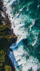 Aerial view of ocean waves crashing on the shore, showcasing the vibrant blue water and white foam. The image captures the beauty and tranquility of the sea.