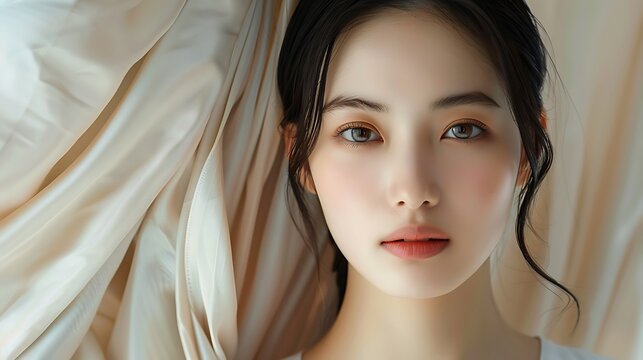 Japanese model against a background of luxurious silk fabric, showcasing smooth skin, soft light, serene expression, hd quality, natural look, elegant and refined, vibrant hues,
