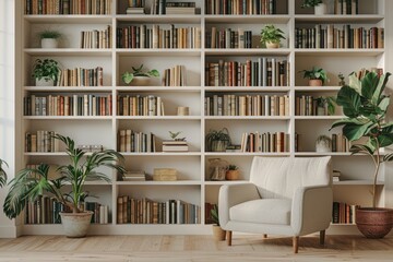 A white bookcase with many books and a chair in front of it