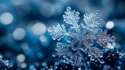 "Close-up of a Detailed Snowflake in Blue Light," snowflake