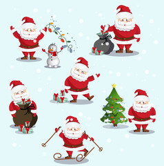 merry christmas set ,santa claus, happy new year santa with gift, green tree, santa of skis, snowman, bag of gifts, garland