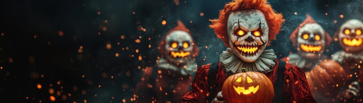 Haunted circus clowns juggling glowing pumpkins and skulls, dark, eerie tent background, [Halloween circus], [spooky entertainment]