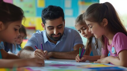 Fototapeta premium A teacher guides young children in a colorful classroom during an art activity, fostering creativity and collaboration in the afternoon