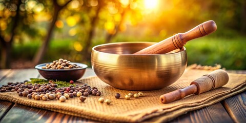 Golden Singing Bowl with Wooden Striker and Seeds on Rustic Burlap in the Golden Hour