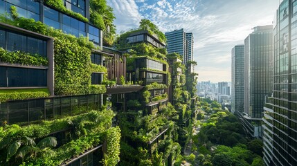 Obraz premium City skylines blend glass and greenery, showcasing modern architecture that seamlessly integrates with nature. Urban landscapes embrace eco-friendly designs