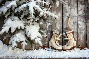 Christmas card with a pair of ice skates hanging on a wooden wall, surrounded by snow