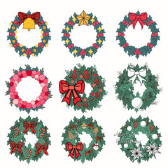 Set of Christmas wreaths isolated on white.