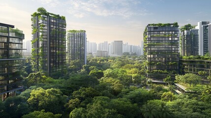 Obraz premium City skylines blend glass and greenery, showcasing modern architecture that seamlessly integrates with nature. Urban landscapes embrace eco-friendly designs
