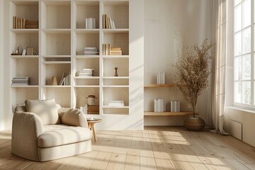 Fototapeta premium A white room with a chair and a bookshelf