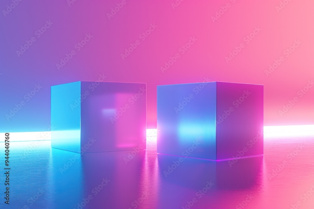 Sticker Two cubes are floating in a blue and purple background