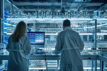 Two scientists are working in a lab, one of them is wearing a mask