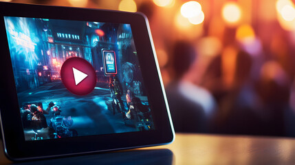 Vibrant digital tablet screen showcasing colorful game announcement trailer, play button visible, 