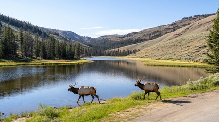Two majestic elk stroll along a lake's edge at Yellowstone National Park, showcasing their impressive antlers against a backdrop of mountains and greenery