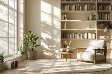 Fototapeta premium A living room with a white chair, a potted plant, and a large bookshelf