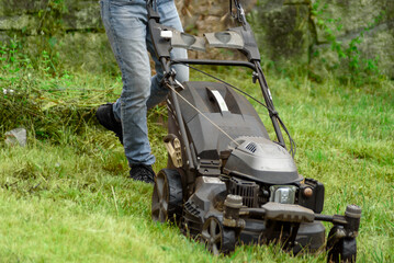 Fototapeta premium man cutting the grass with black lawnmower
