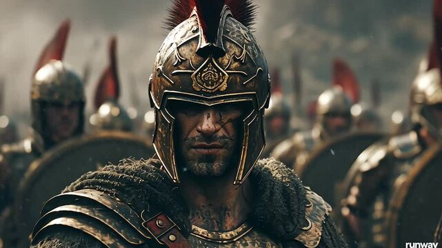 Roman empire soldiers in armor ready for battle in a winter campaign with snow. Amazing and epic cinematic scene for a war history of the army to represent glory, honour, victory or defeat