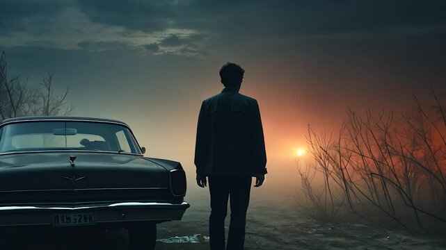 True crime suspenseful scene animation with the silhouette of a man, either a criminal, detective or police officer, next to a car on a dark and foggy night in open field and the light of a flashlight