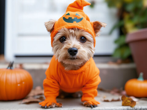 A dog with a Halloween costume and a jack-o-lantern
