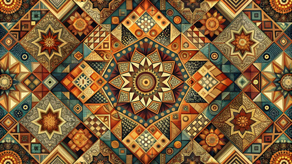 Fototapeta premium Abstract Geometric Mosaic: A captivating tapestry of geometric patterns and warm tones, this digital artwork exudes a sense of intricate beauty and visual harmony. Its rich colors, complex design, and