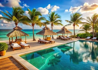 Fototapeta premium Coastal Poolside Paradise: Sand, Seashells, Beach Cabanas, Breezy Atmosphere, Turquoise Waters