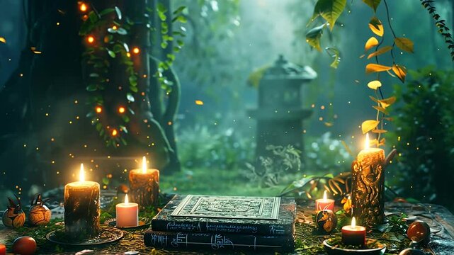 Magical altar in enchanted forest, with ancient grimoire surrounded by glowing candles in a mystical scene with floating particles and lush vegetation. Wiccan ritual.